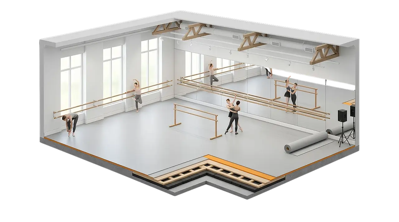 Isometric cutaway of a dance studio with a full-height mirror wall behind the barres