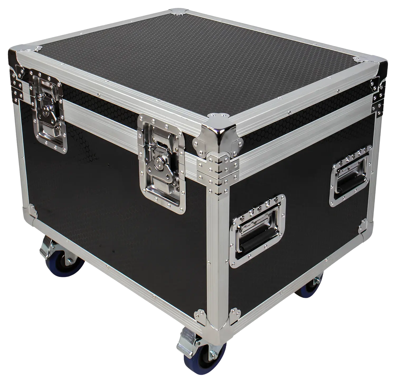 A black road case on castors with silver edging - touring transport built by TSA